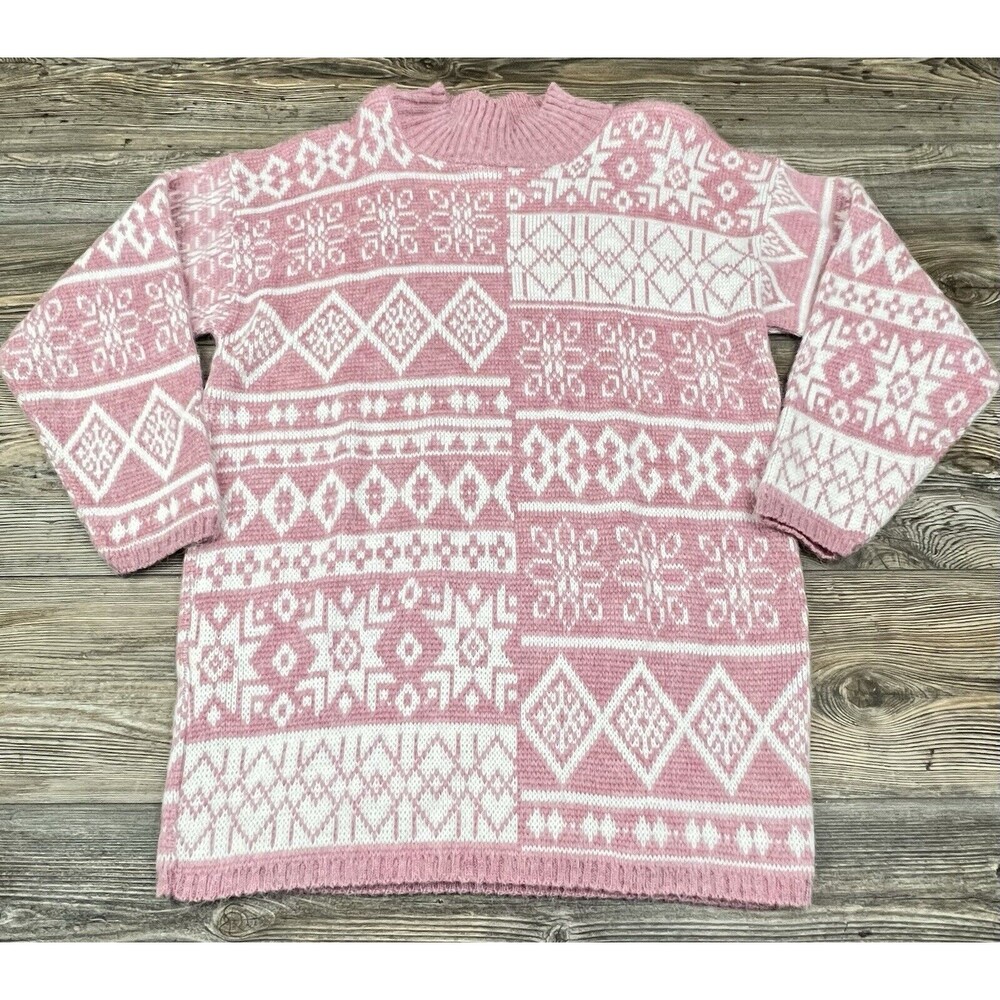 Vintage Needles & Yarn Womens S Sweater Pink/White‎ Snowflakes X-Mas Grandmacore